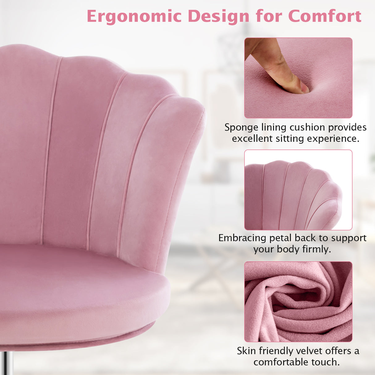 Adjustable Vanity Velvet Chair with Seashell Back and Wheels-Pink