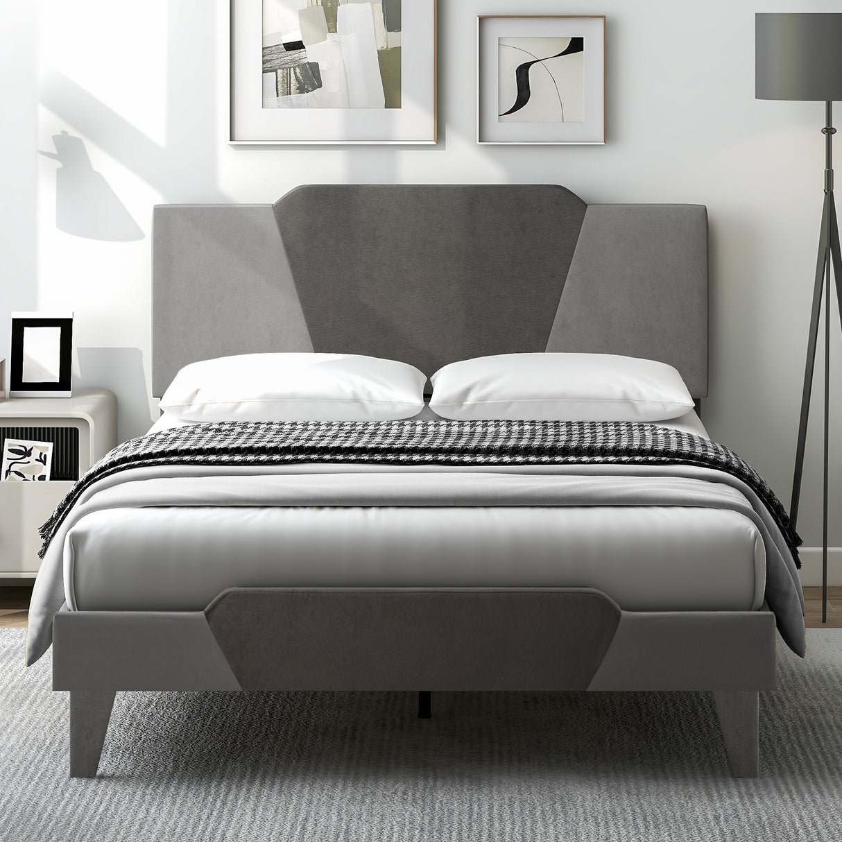 Full/Queen/Twin Velvet Upholstered Bed Frame with High Headboard
