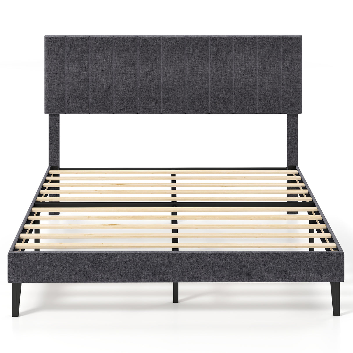 Velvet Upholstered Platform Bed with Height Adjustable Vertical Channel Headboard