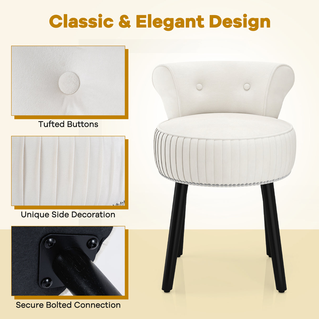 Velvet Vanity Chair with Back Upholstered Vanity Stool with Tufted Low Back and Solid Wood Legs