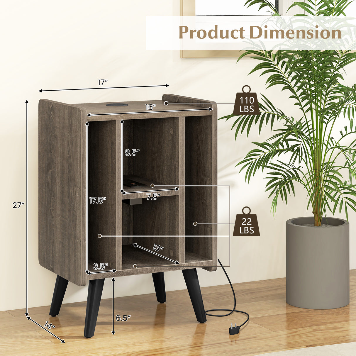 Vinyl Record Storage Turntable Stand with 4 Open Shelves-Gray