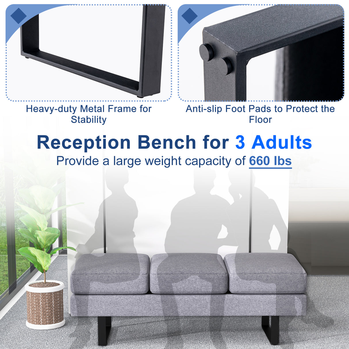 Waiting Room Bench Seating Long Bench with Metal Frame Leg