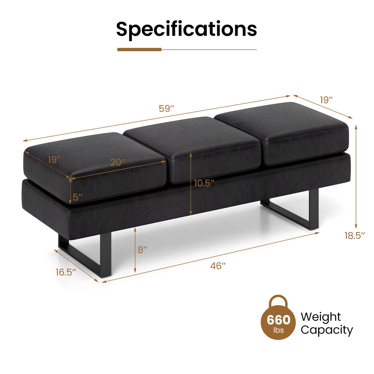Waiting Room Bench Seating Long Bench with Metal Frame Leg