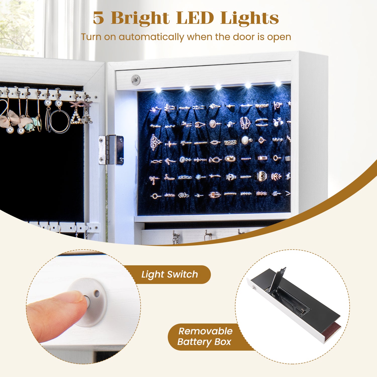 Wall And Door Mirrored Jewelry Cabinet With LED Light