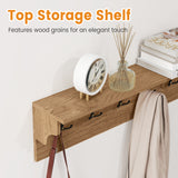 Wall Hooks with Shelf 31.5inch Wooden Coat Rack with 6 Hooks for Hats Towels Purses Robes