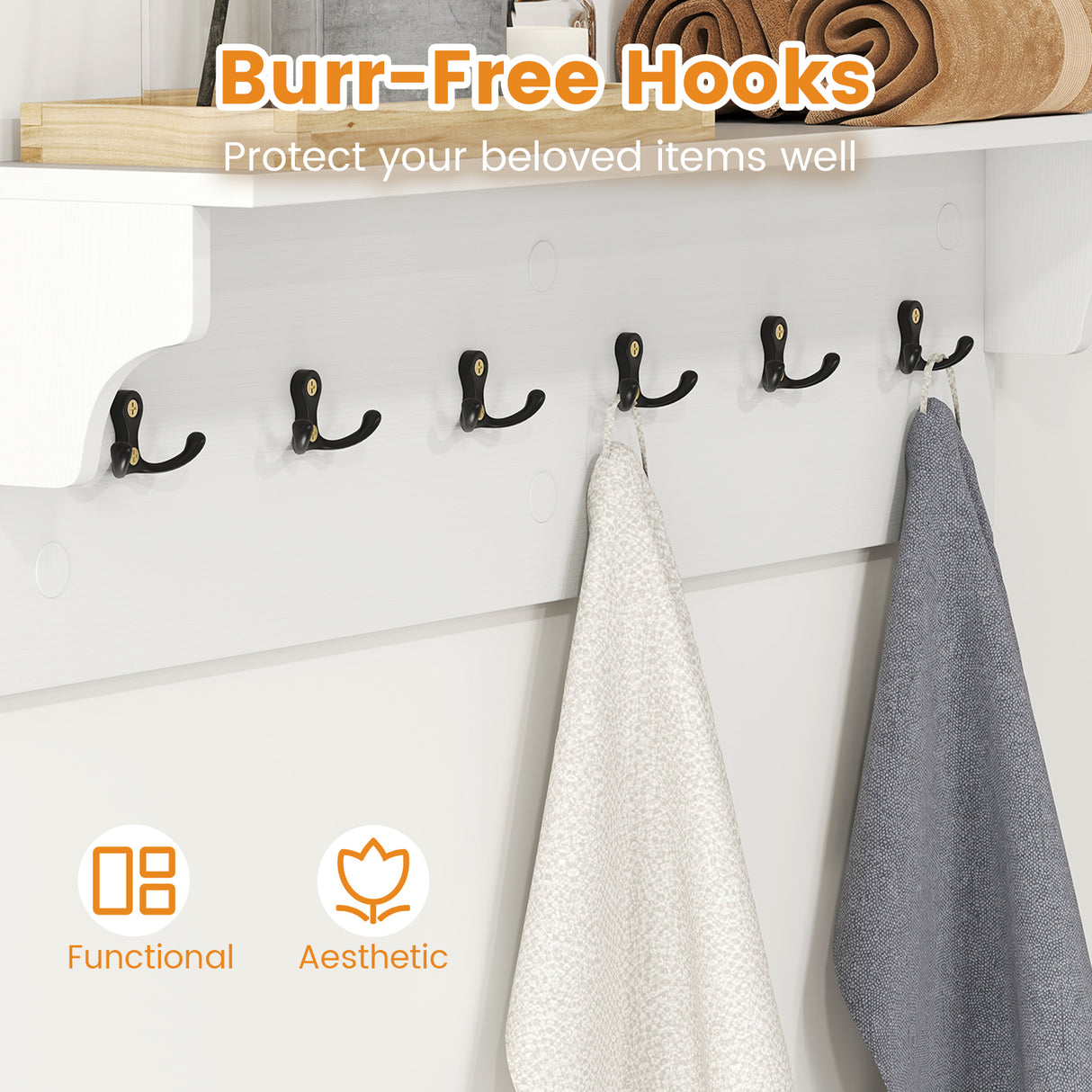 Wall Hooks with Shelf 31.5inch Wooden Coat Rack with 6 Hooks for Hats Towels Purses Robes