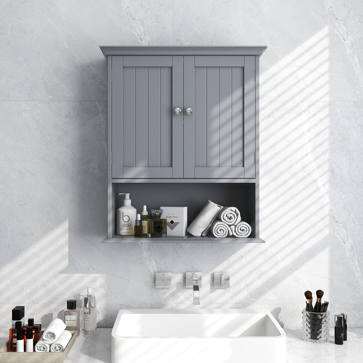 Wall Mount Bathroom Cabinet Storage Organizer with Doors and Shelves