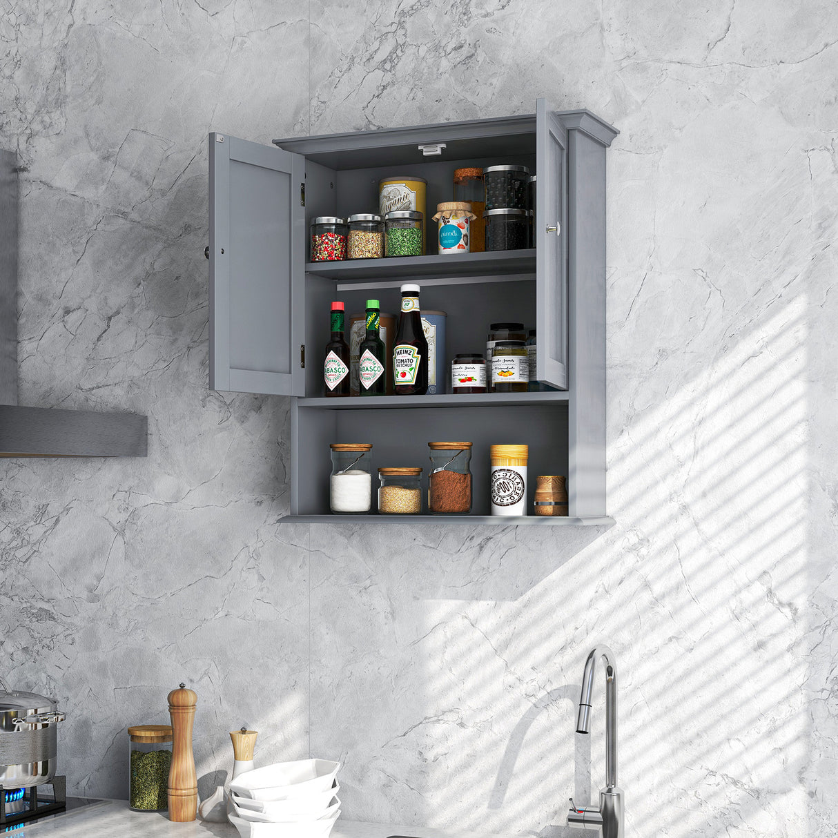 Wall Mount Bathroom Cabinet Storage Organizer with Doors and Shelves