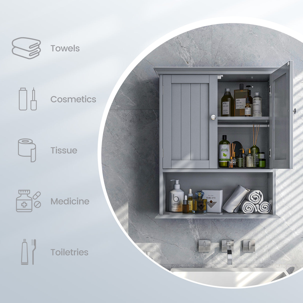 Wall Mount Bathroom Cabinet Storage Organizer with Doors and Shelves