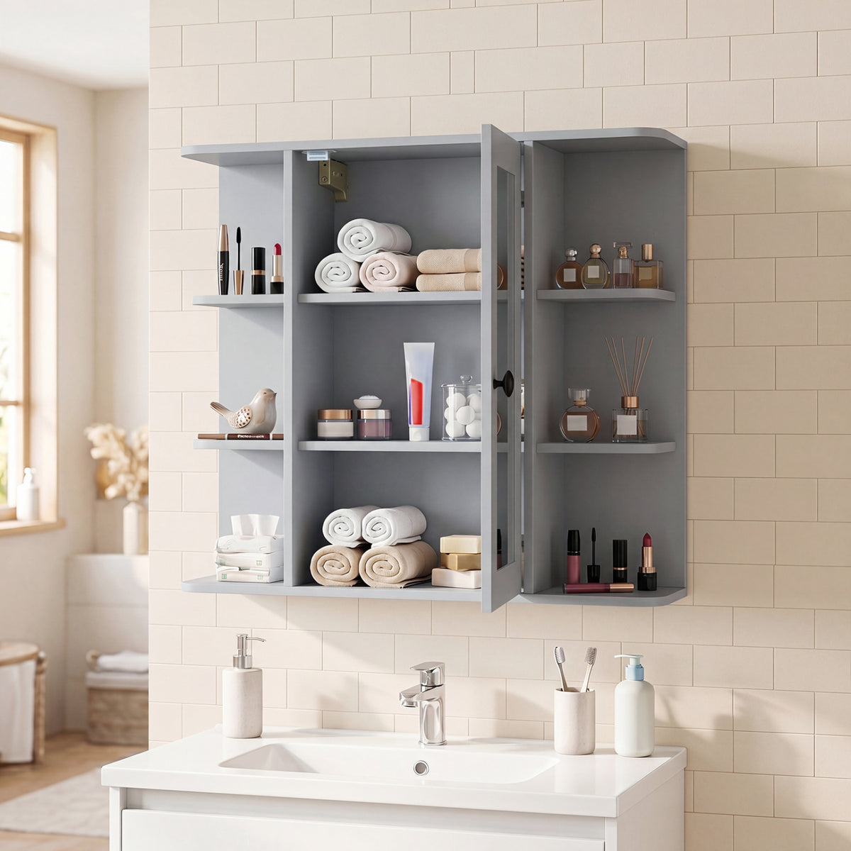 Wall Mounted Bathroom Medicine Cabinet with Mirror and Shelves