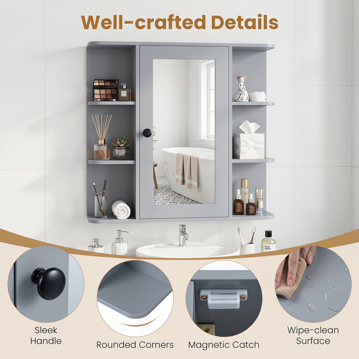 Wall Mounted Bathroom Medicine Cabinet with Mirror and Shelves