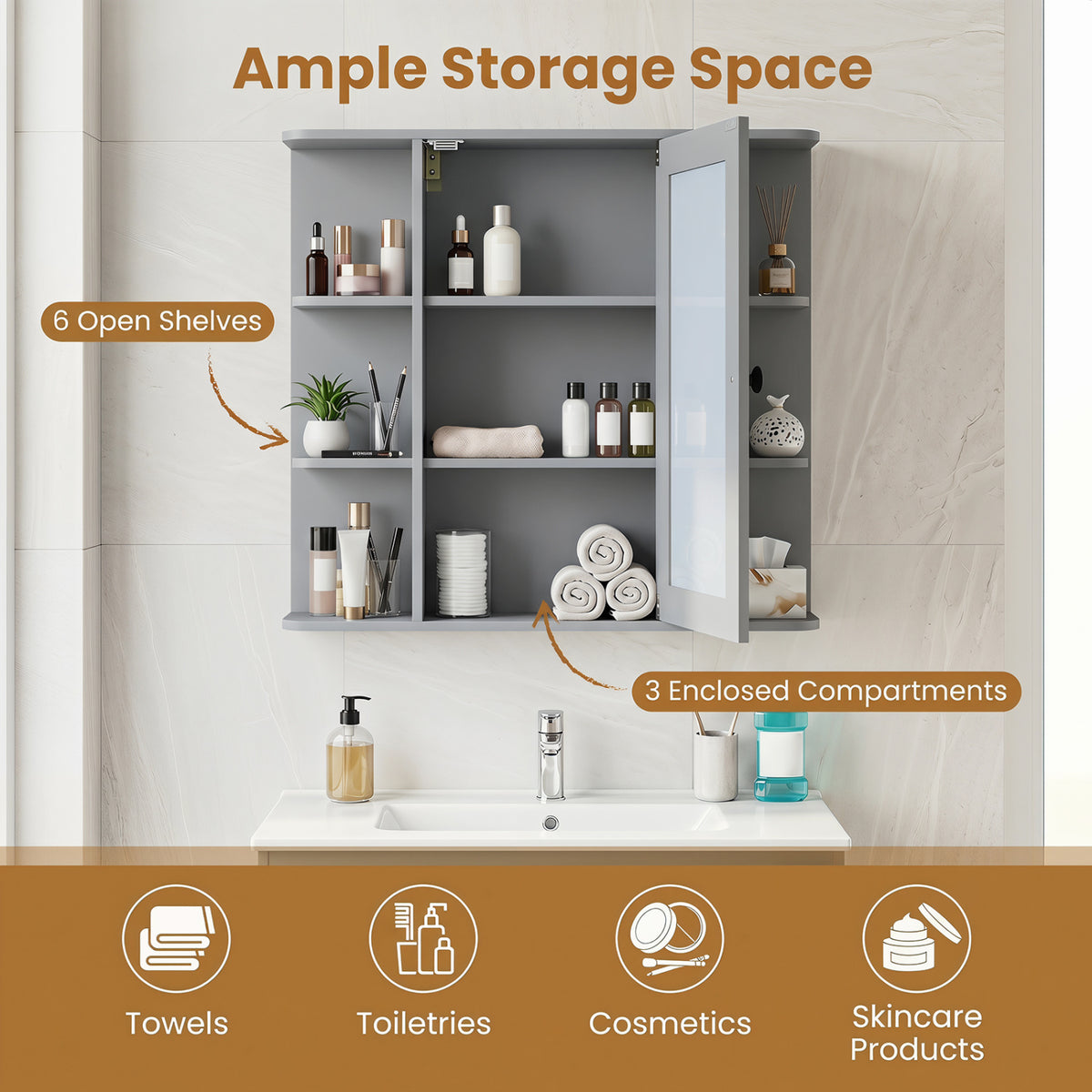 Wall Mounted Bathroom Medicine Cabinet with Mirror and Shelves
