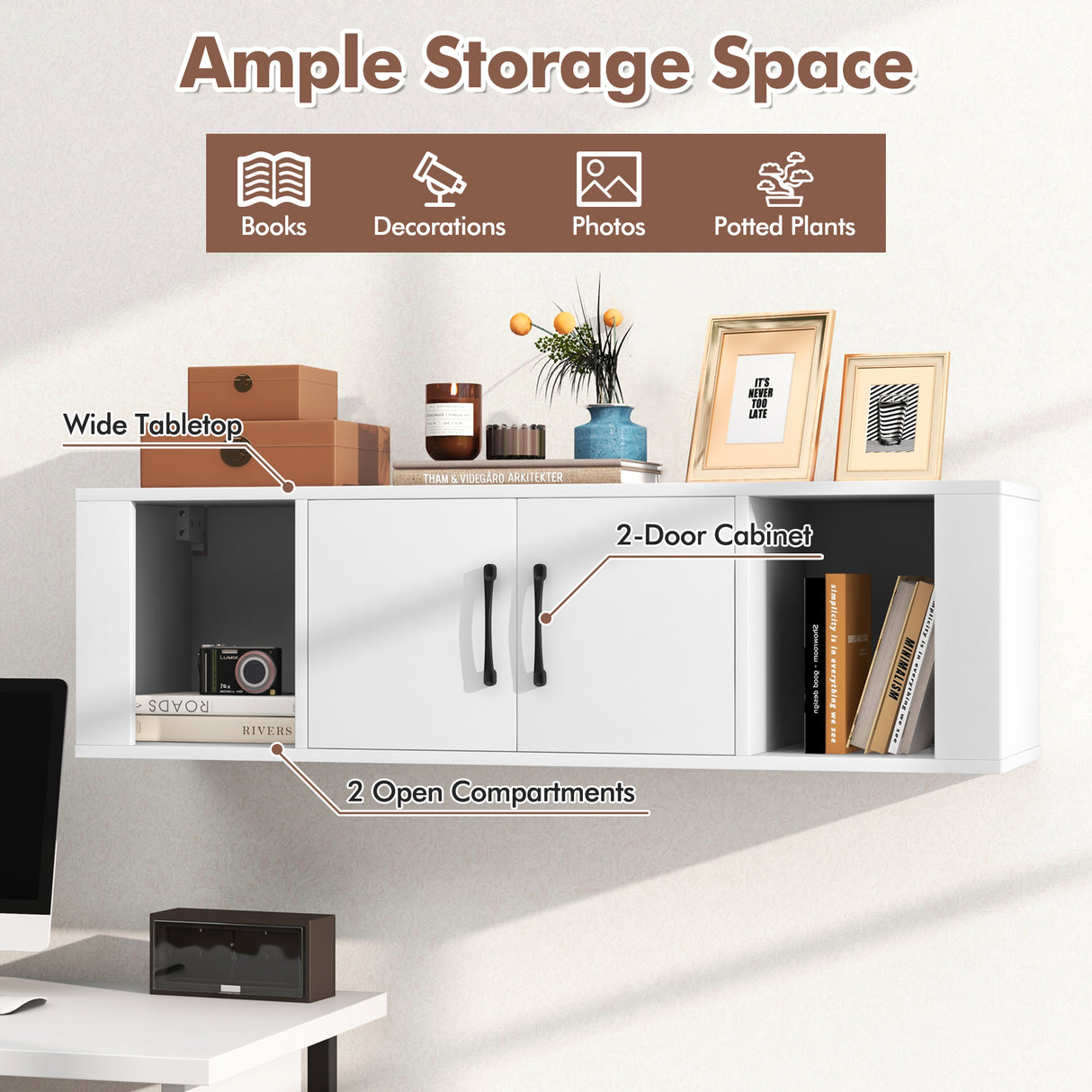 Wall Mounted Floating 2 Door Desk Hutch Storage Shelves
