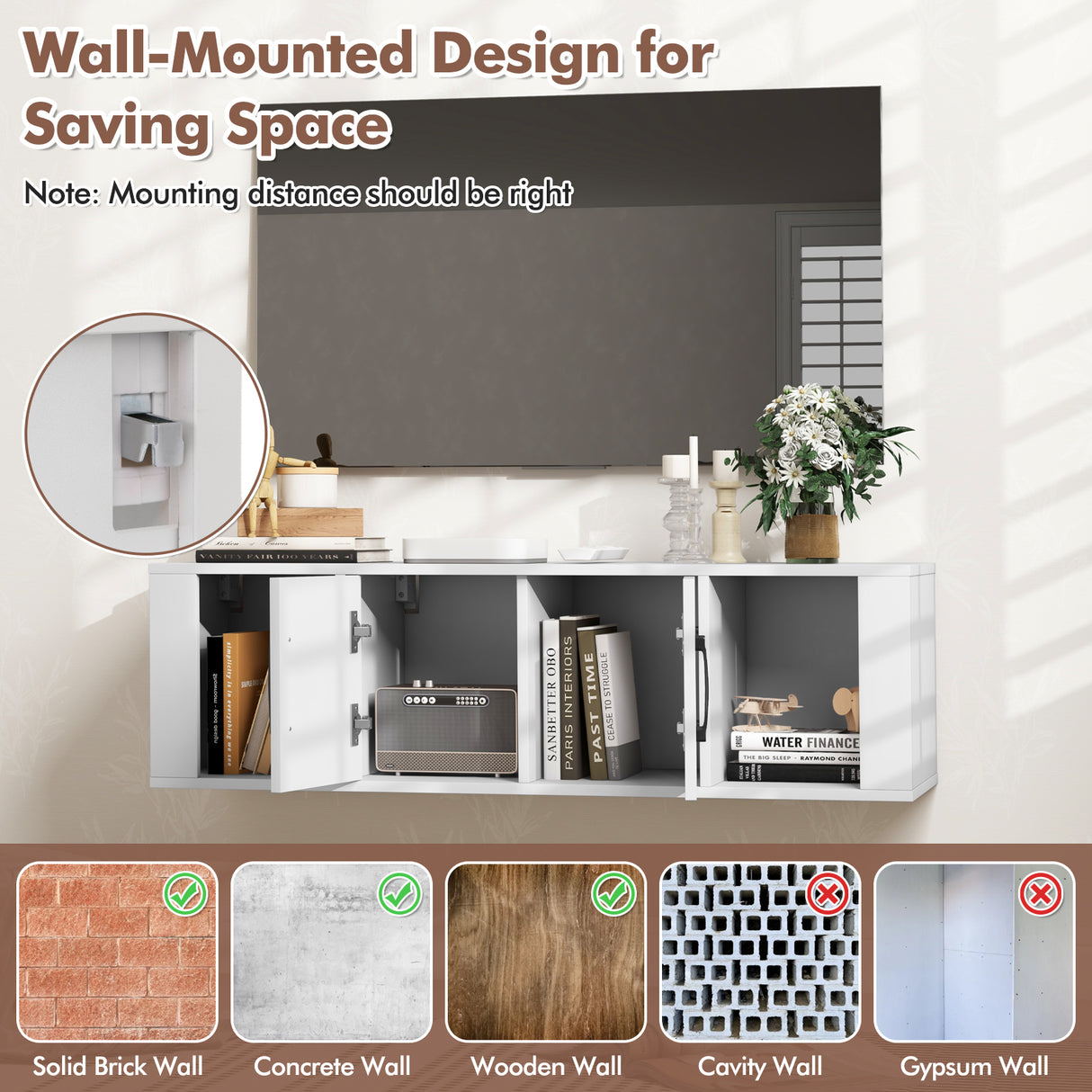 Wall Mounted Floating 2 Door Desk Hutch Storage Shelves