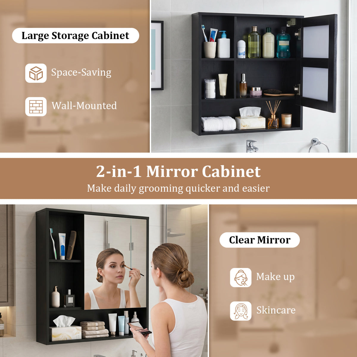 Wall-Mounted Mirror Cabinet with 2 Hidden Shelves and 3 Open Compartments