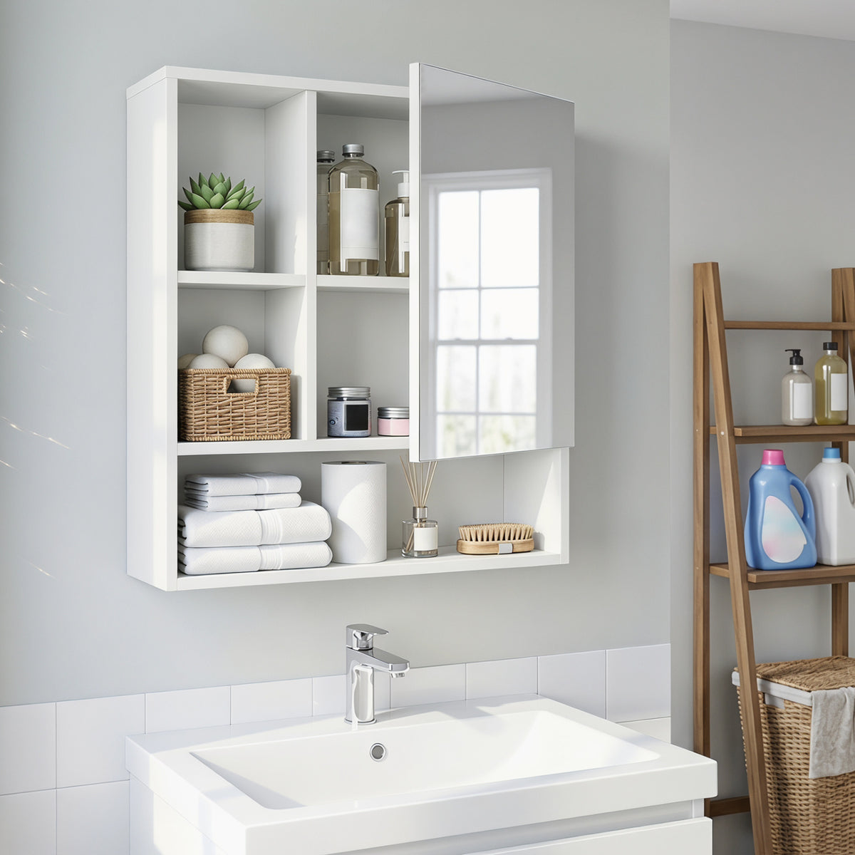 Wall-Mounted Mirror Cabinet with 2 Hidden Shelves and 3 Open Compartments