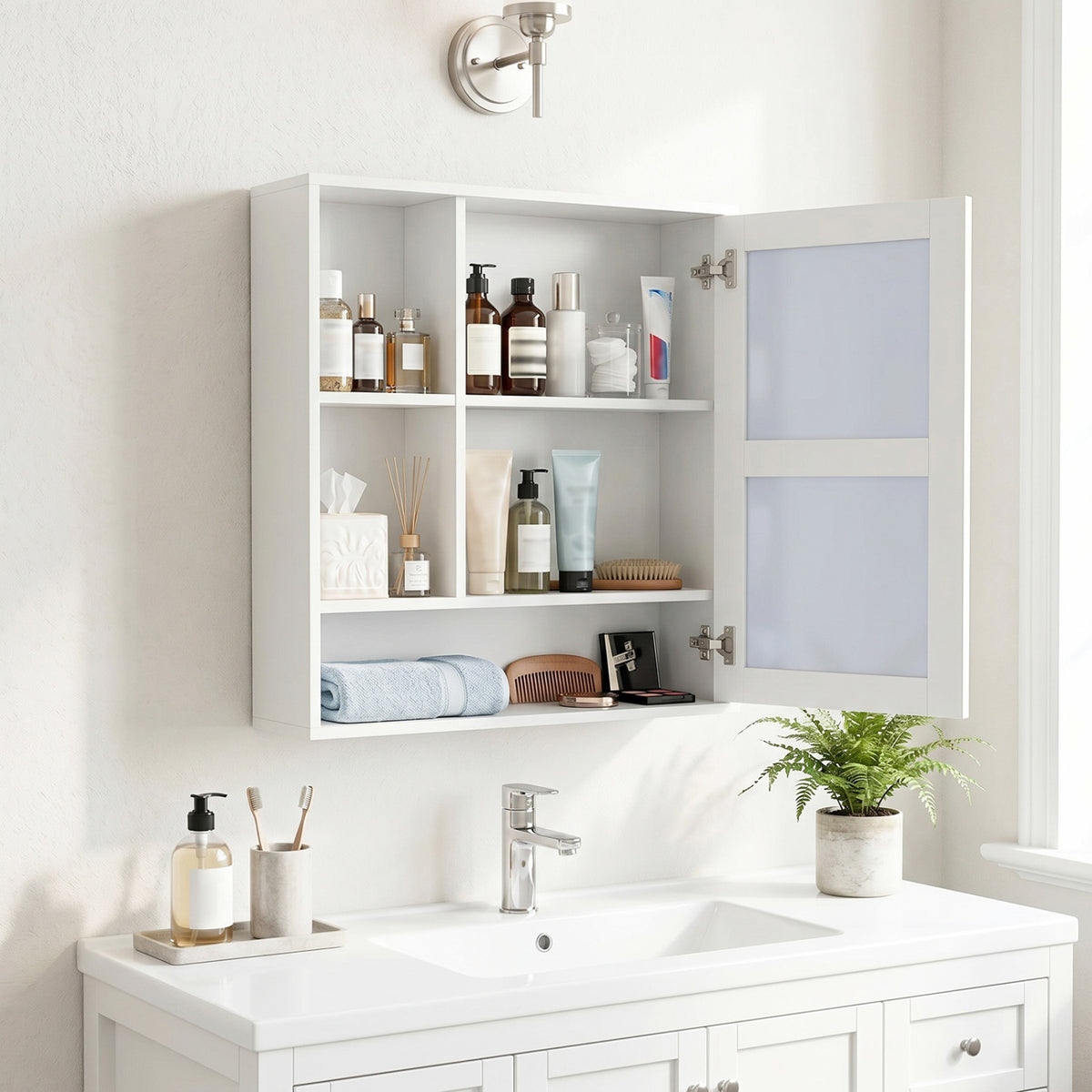 Wall-Mounted Mirror Cabinet with 2 Hidden Shelves and 3 Open Compartments