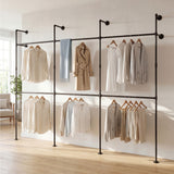 Wall Mounted Pipe Clothing Rack with 6 Hanging Rods-Black