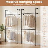 Wall Mounted Pipe Clothing Rack with 2 Hanging Rods-Black