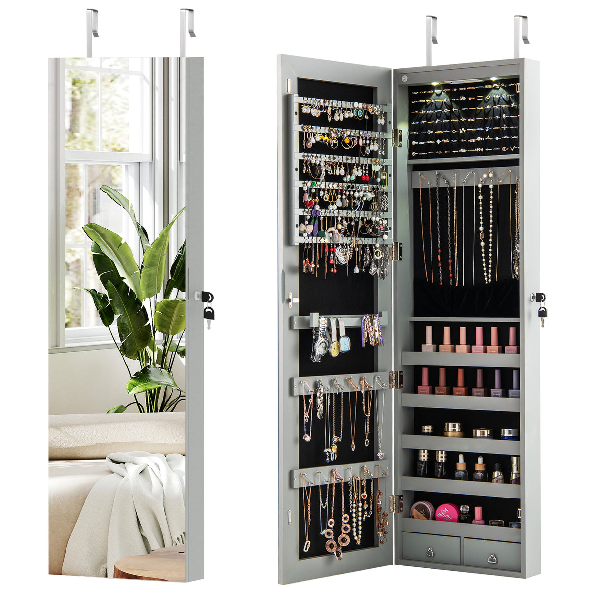 Wall and Door Mounted Mirrored Jewelry Cabinet with Lights