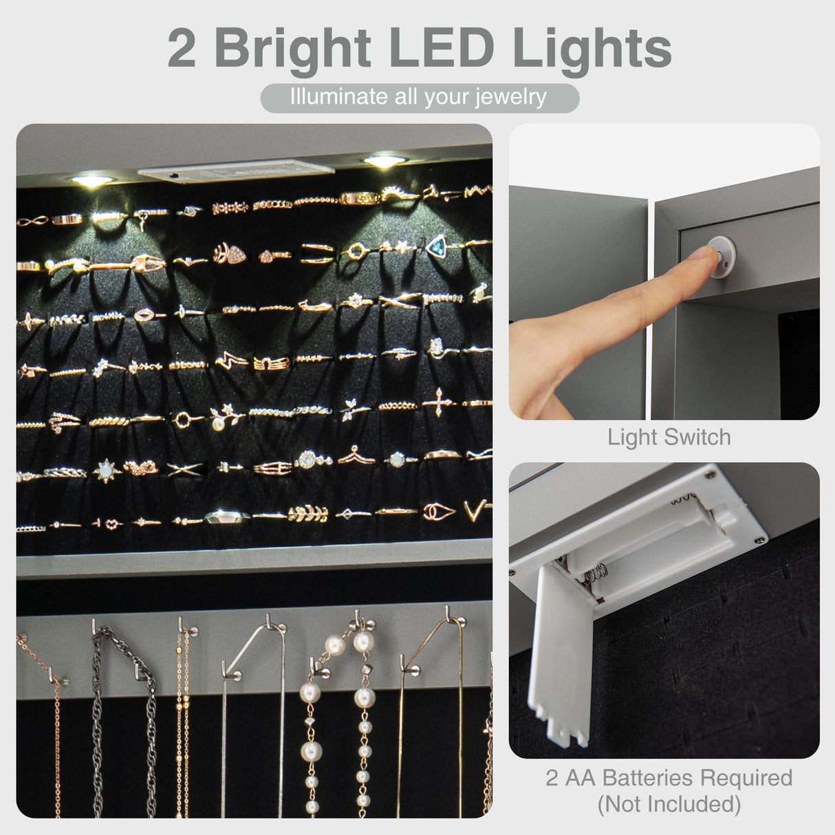 Wall and Door Mounted Mirrored Jewelry Cabinet with Lights