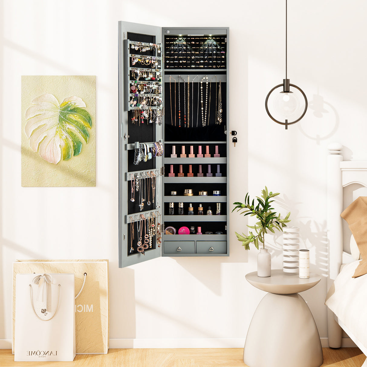 Wall and Door Mounted Mirrored Jewelry Cabinet with Lights