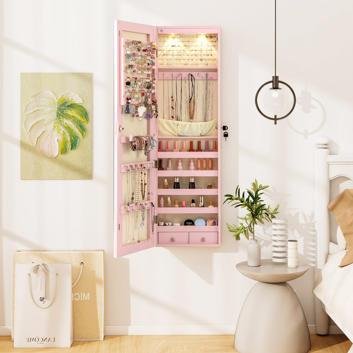Wall and Door Mounted Mirrored Jewelry Cabinet with Lights