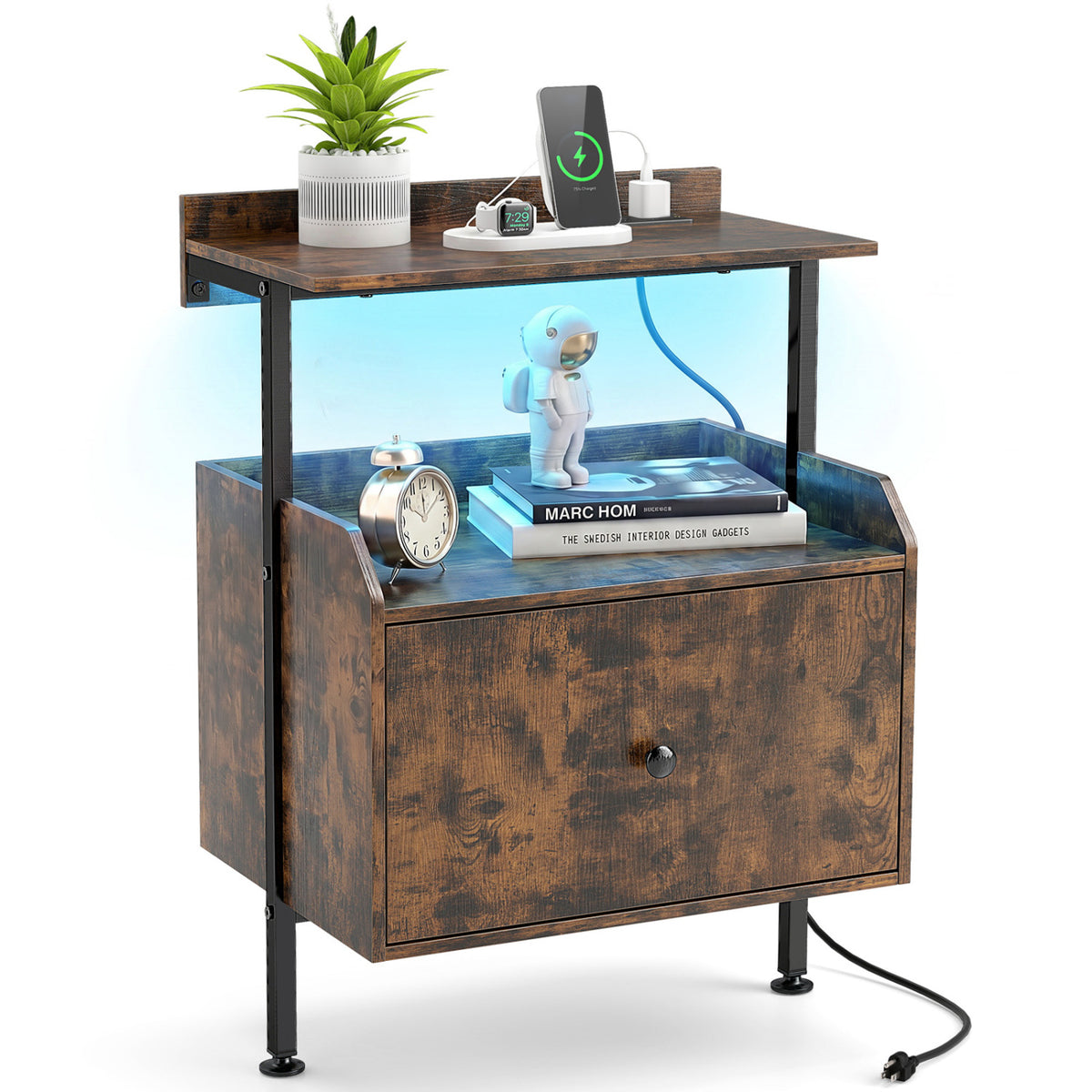 Wall-mounted Nightstand with LED Lights and Charging Station for Bedroom