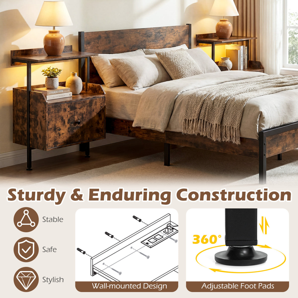 Wall-mounted Nightstand with LED Lights and Charging Station for Bedroom