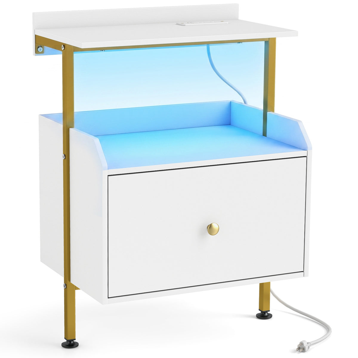 Wall-mounted Nightstand with LED Lights and Charging Station for Bedroom