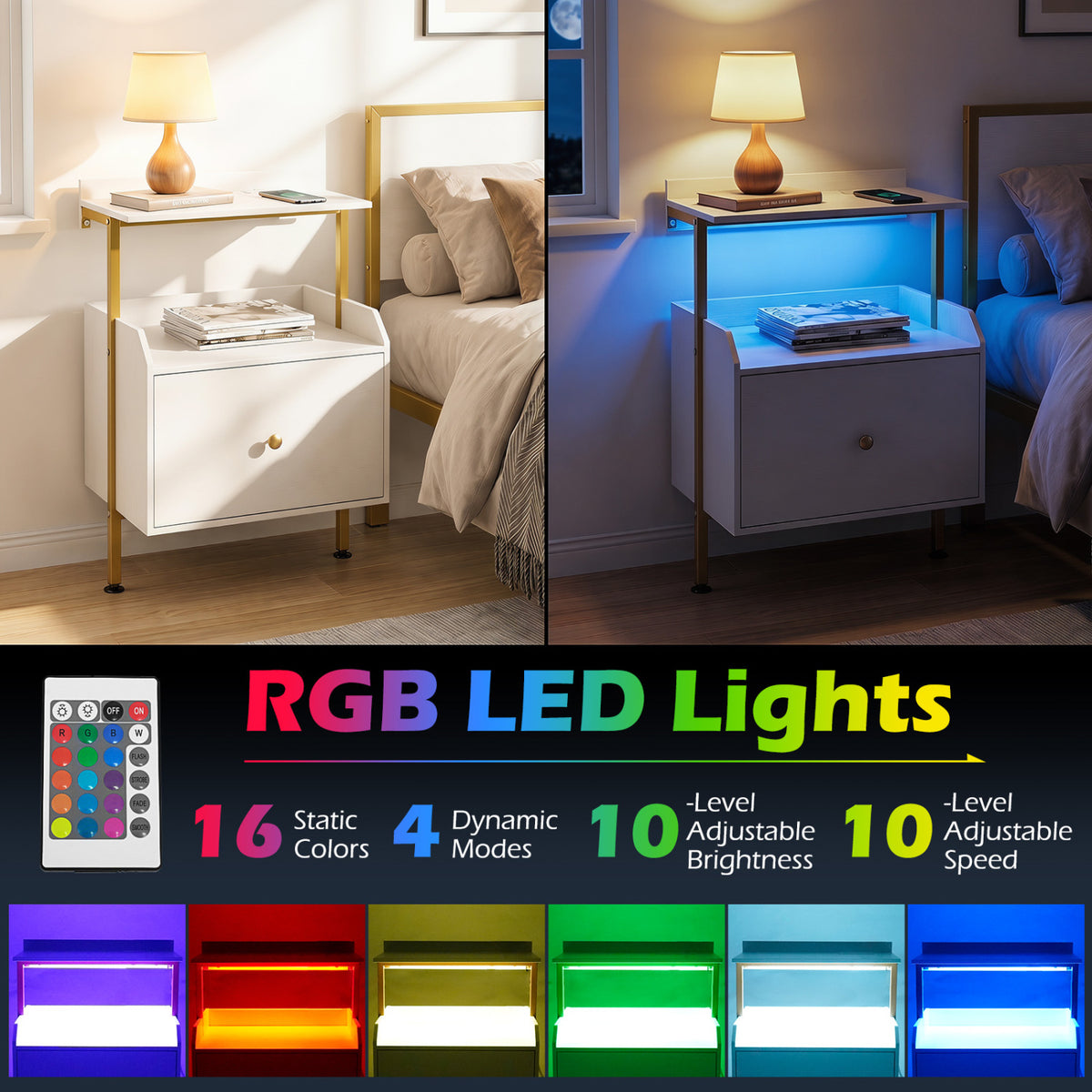 Wall-mounted Nightstand with LED Lights and Charging Station for Bedroom