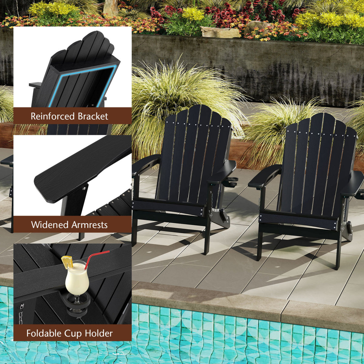 Weather Resistant HDPE Folding Adirondack Chair with High Backrest for Backyard