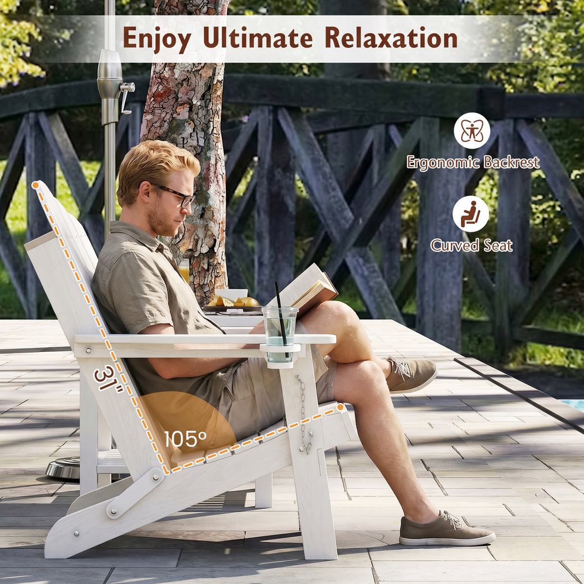 Weather Resistant HDPE Folding Adirondack Chair with High Backrest for Backyard