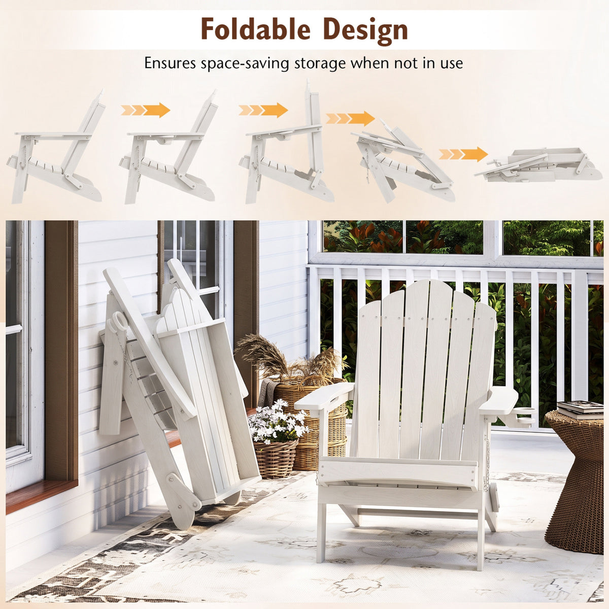 Weather Resistant HDPE Folding Adirondack Chair with High Backrest for Backyard