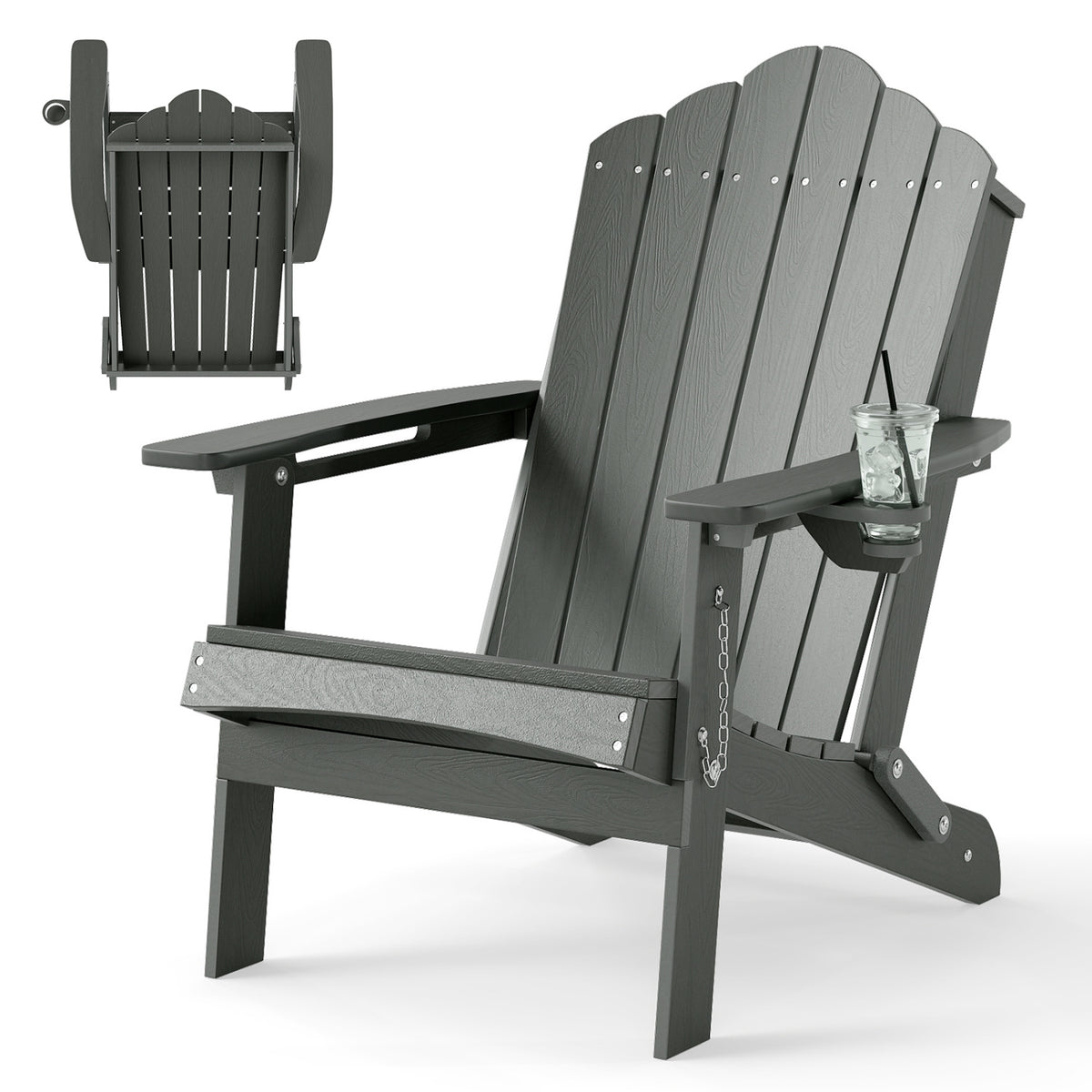 Weather Resistant HDPE Folding Adirondack Chair with High Backrest for Backyard