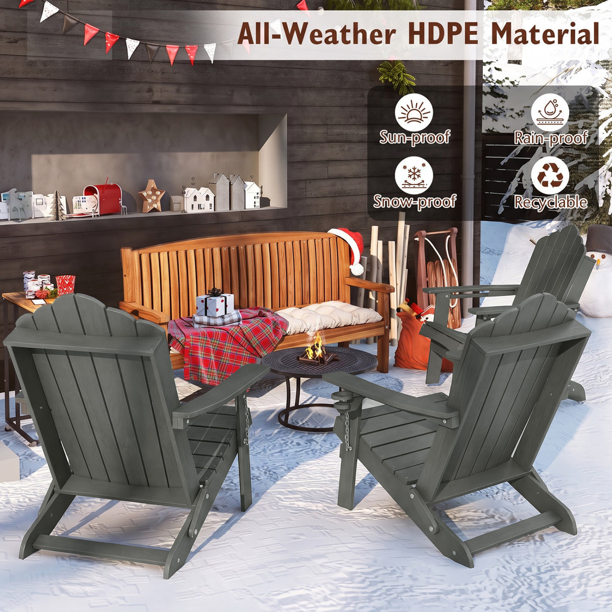 Weather Resistant HDPE Folding Adirondack Chair with High Backrest for Backyard