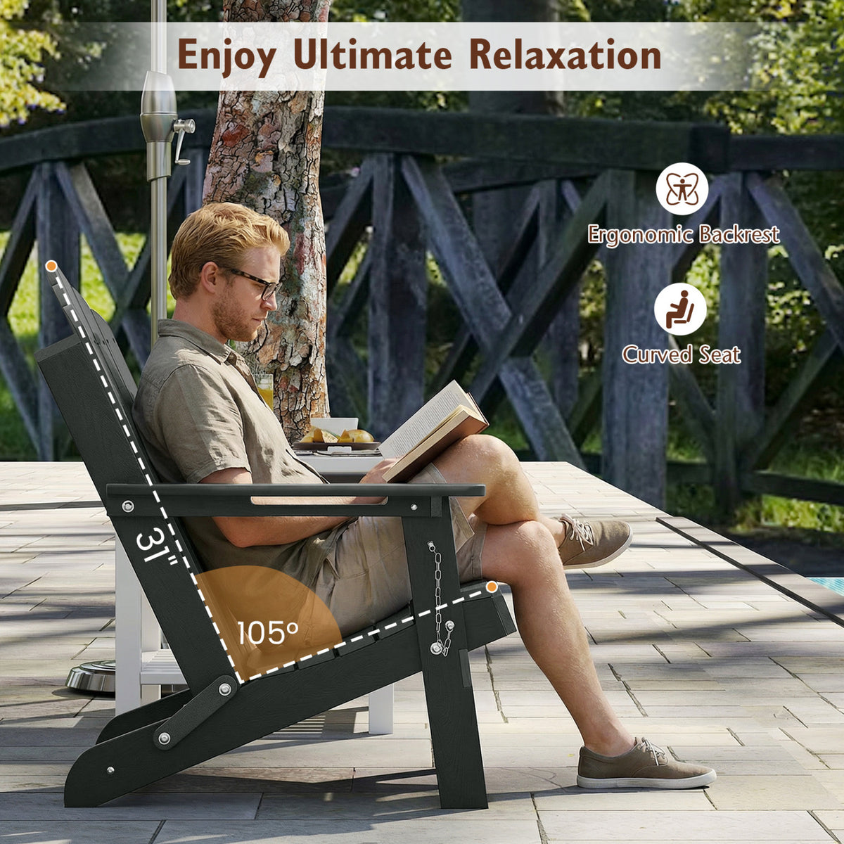 Weather Resistant HDPE Folding Adirondack Chair with High Backrest for Backyard