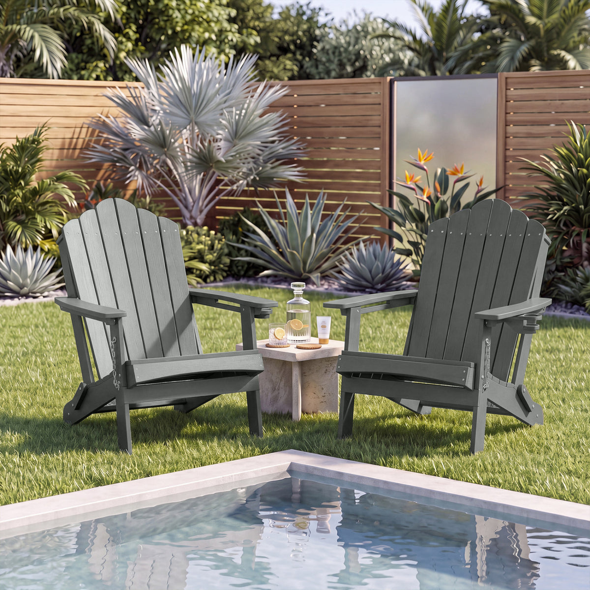 Weather Resistant HDPE Folding Adirondack Chair with High Backrest for Backyard