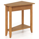 2-Tier Wedge Narrow End Table with Storage Shelf and Solid Wood Legs