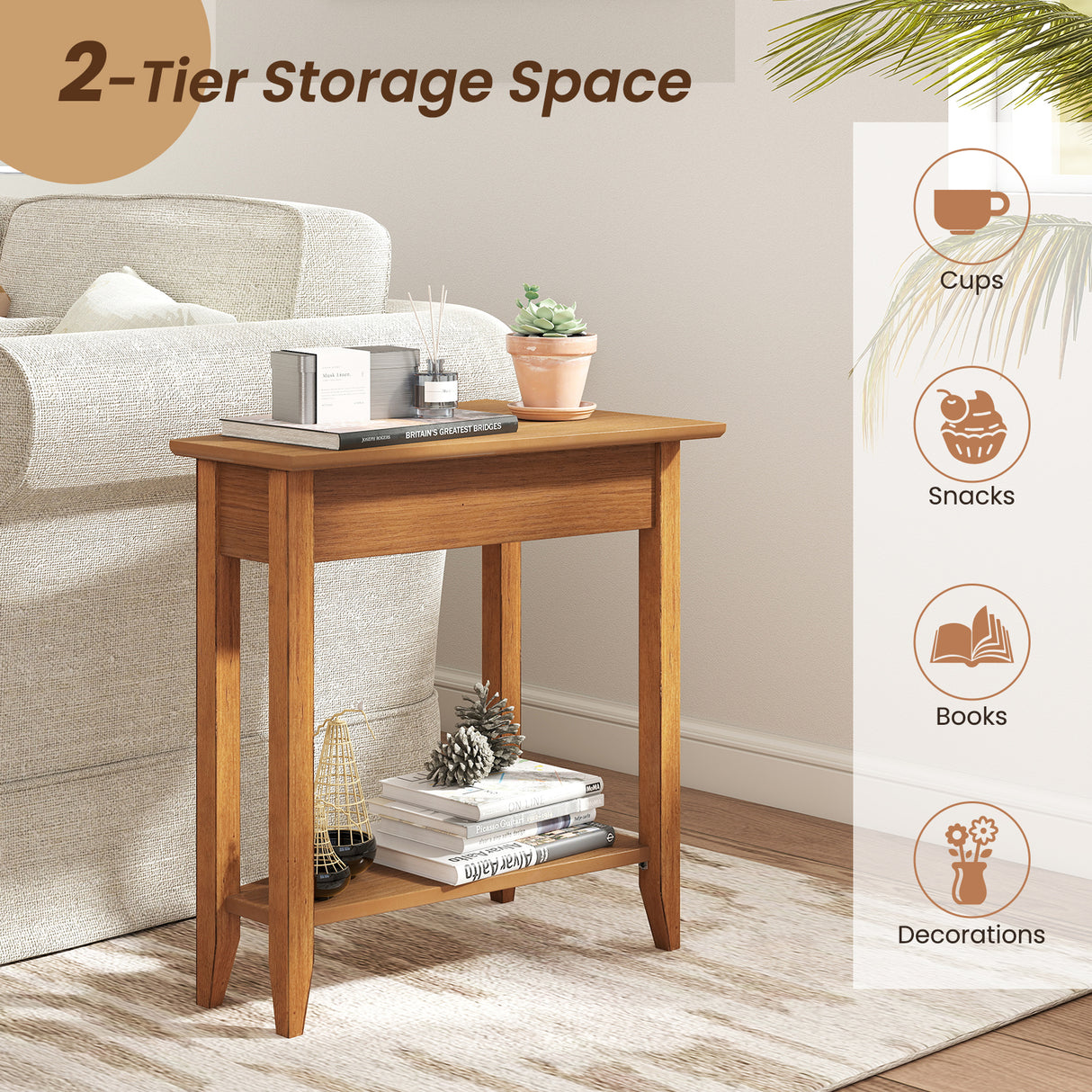 2-Tier Wedge Narrow End Table with Storage Shelf and Solid Wood Legs