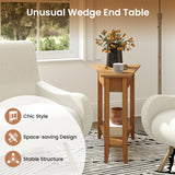 2-Tier Wedge Narrow End Table with Storage Shelf and Solid Wood Legs
