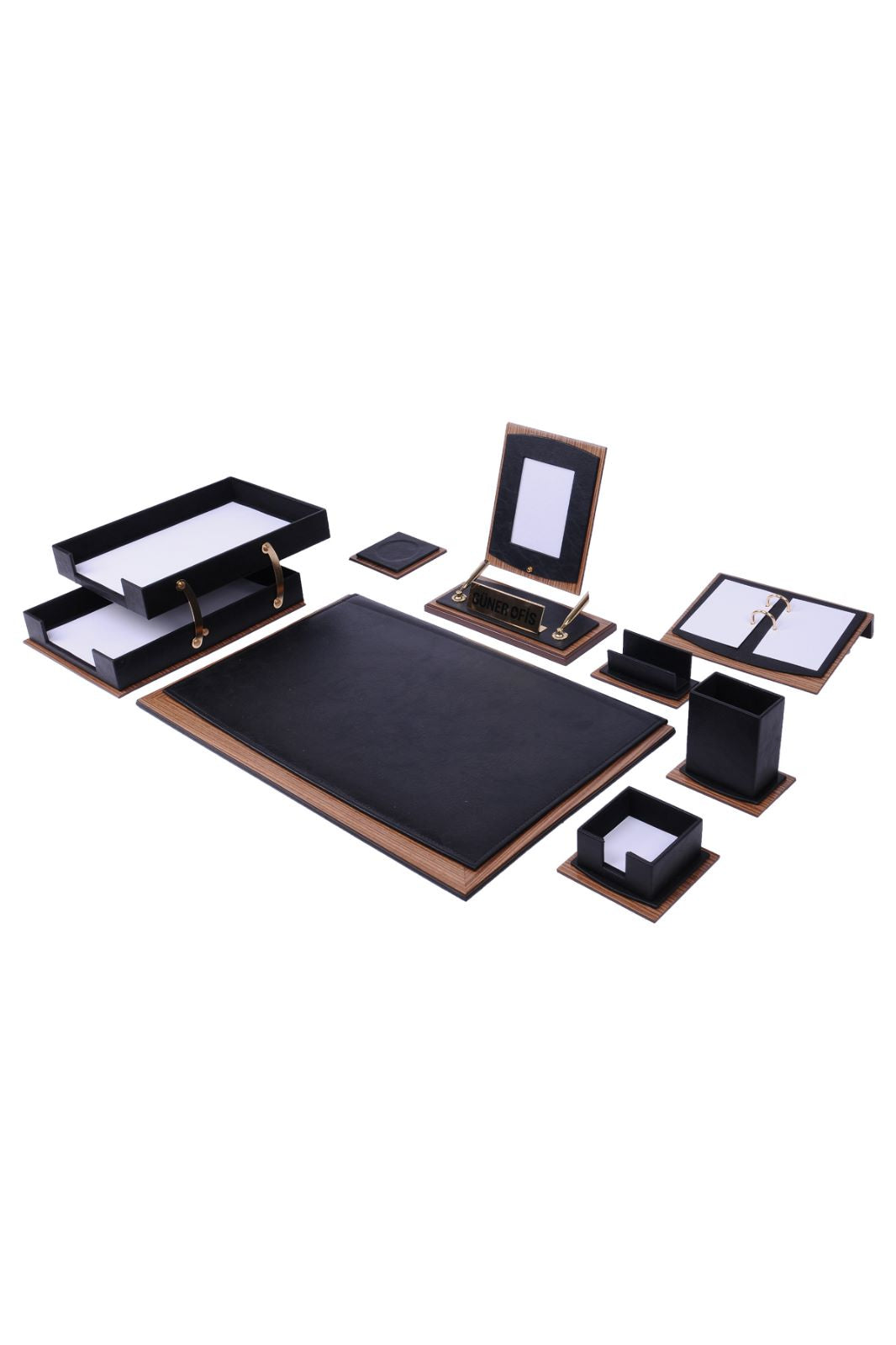 MOOG Star Leather Desk Set -Walnut Wood Combination -Double Document Tray - Black -11 PCS