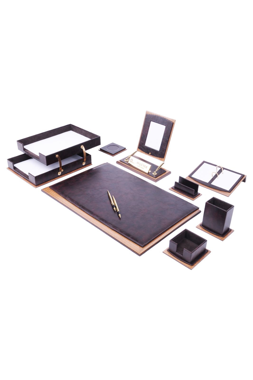 MOOG Star Leather Desk Set -Walnut Wood Combination -Double Document Tray - Black -11 PCS