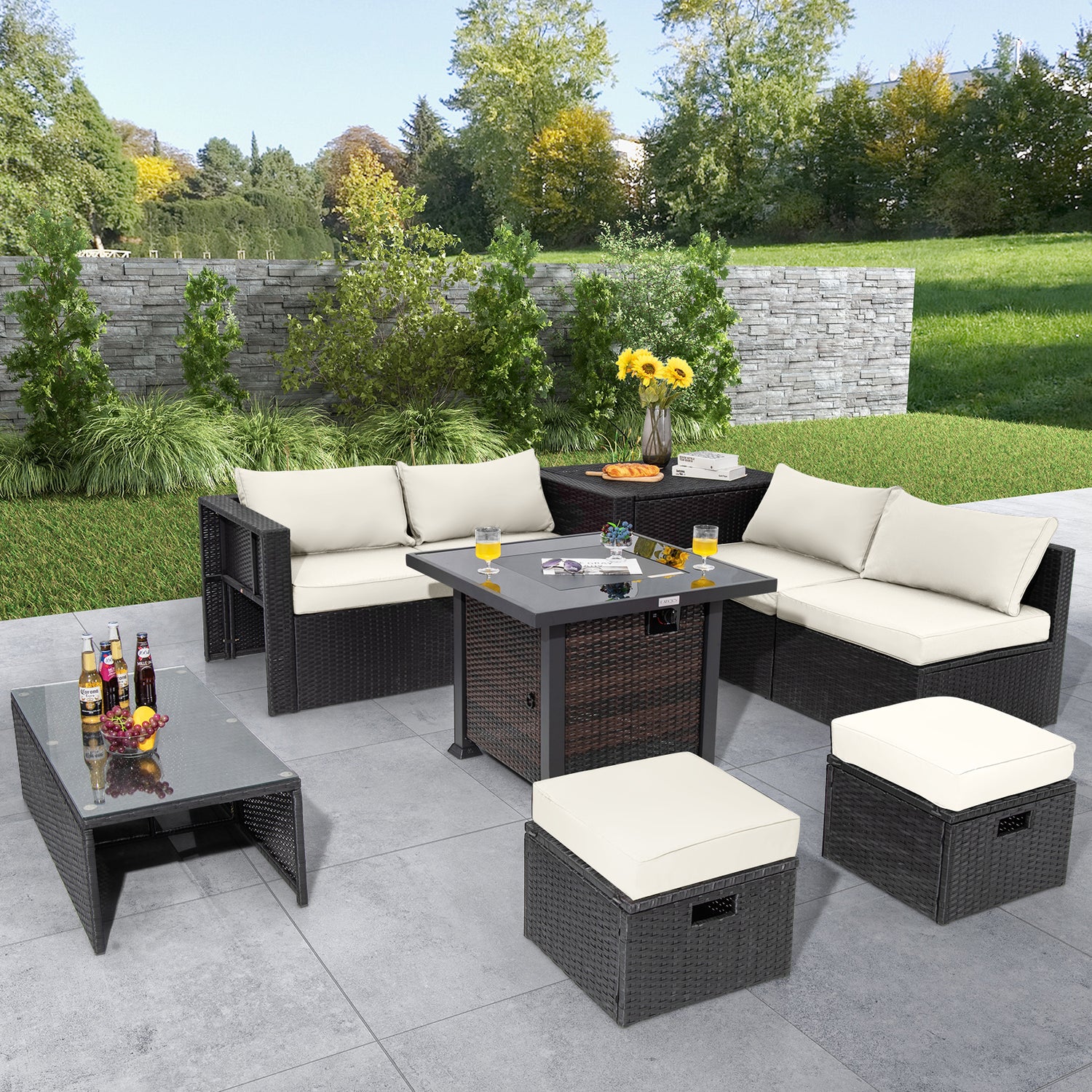 9 Pieces Patio Furniture Set with 32â Fire Pit Table and 50000 BTU Square Propane Fire Pit