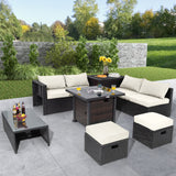 9 Pieces Patio Furniture Set with 32â Fire Pit Table and 50000 BTU Square Propane Fire Pit