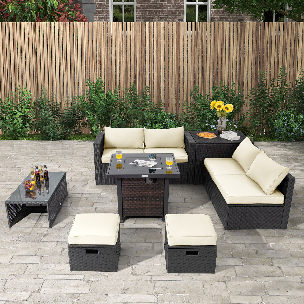 9 Pieces Patio Furniture Set with 32â Fire Pit Table and 50000 BTU Square Propane Fire Pit