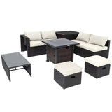 9 Pieces Patio Furniture Set with 32â Fire Pit Table and 50000 BTU Square Propane Fire Pit
