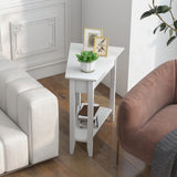 2-Tier Wedge Narrow End Table with Storage Shelf and Solid Wood Legs