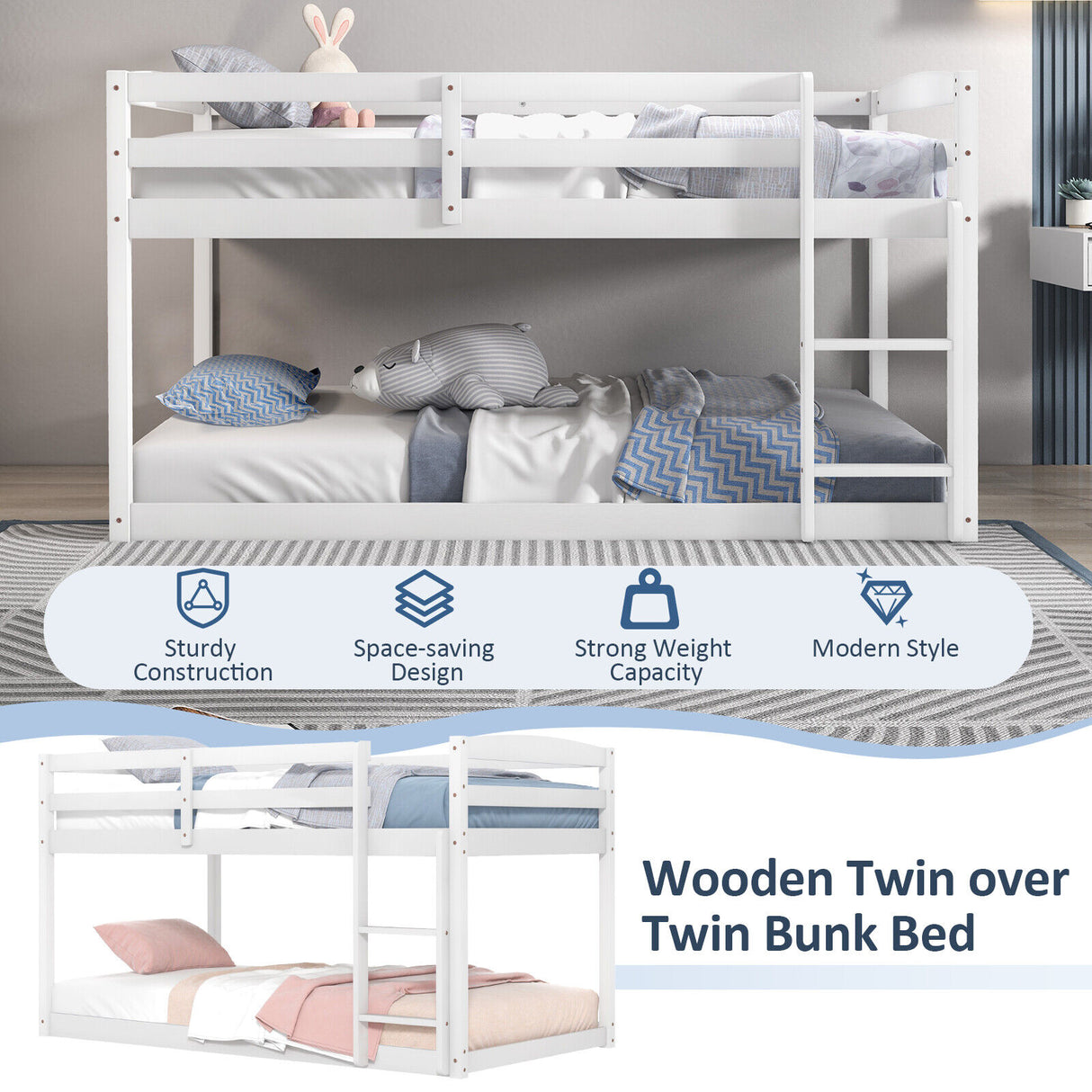 Twin Size Bunk Bed with High Guardrails and Integrated Ladder