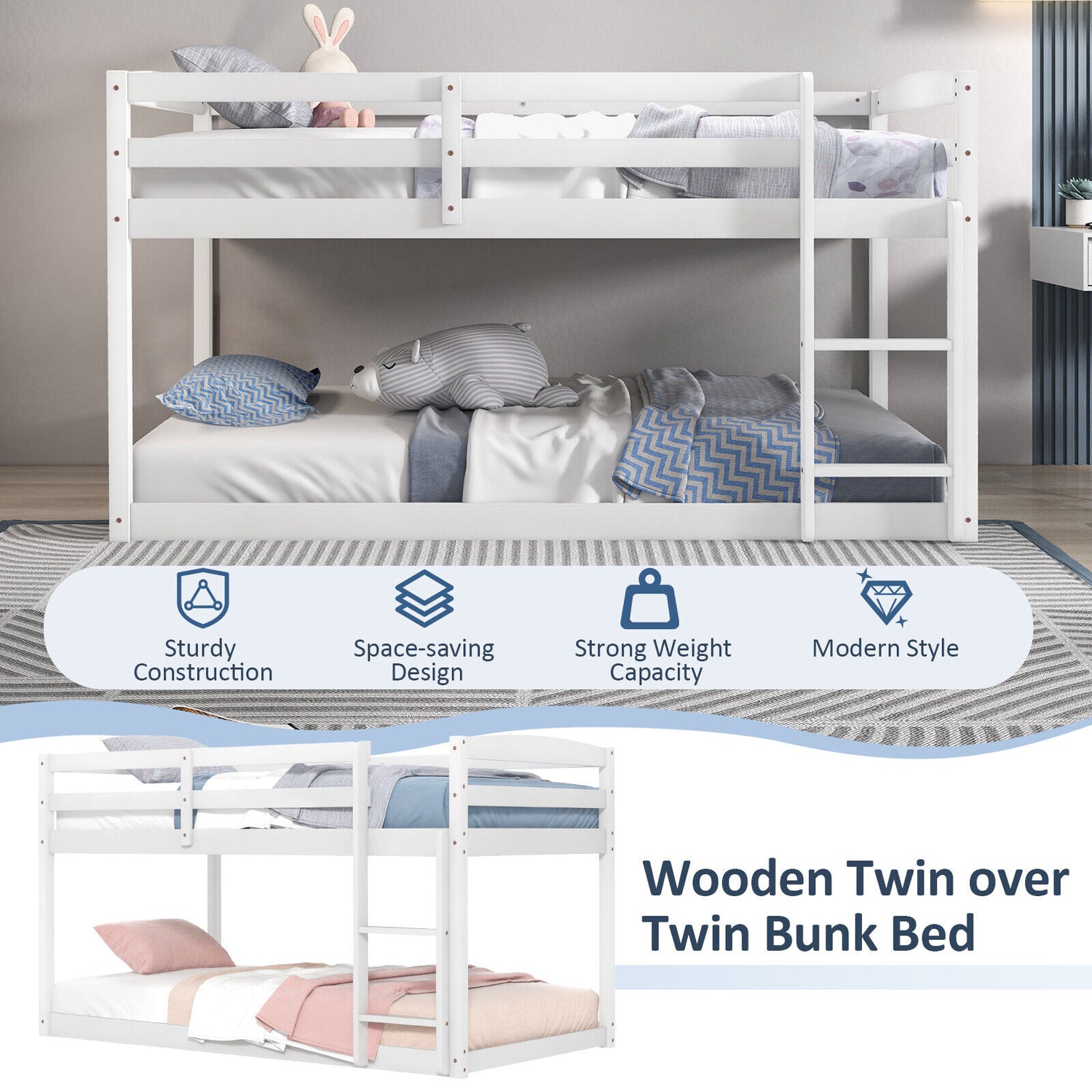 Twin Size Bunk Bed with High Guardrails and Integrated Ladder